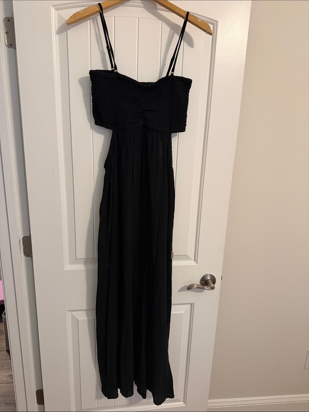 Sea Level Smocked Bodice Cotton Seersucker Maxi Cover-Up Dress Black L - Picture 5 of 5